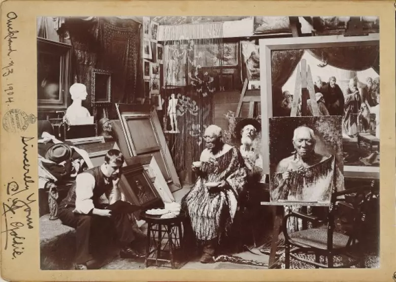 C. F. Goldie in his studio with Pātara te Tuhi, 1901. Photo: Mitchell Library
