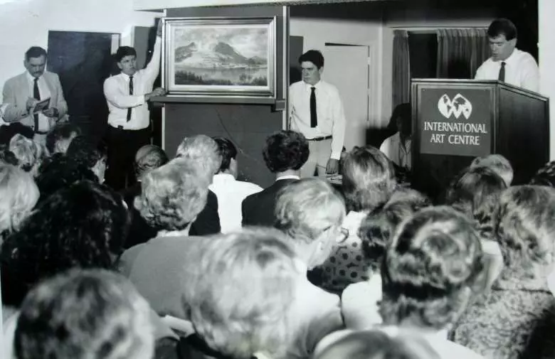 A Charles Blomfield painting of the Pink and White Terraces selling at the International Art Centre in March 1987.  The painting realised $34,000. (Photo courtesy of International Art Centre).